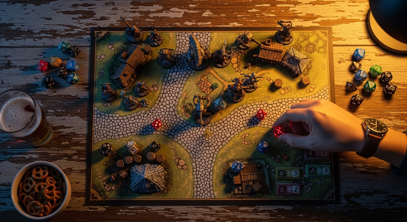 Tabletop gaming setup with painted miniatures and dice — best miniature Patreon comparison 2026