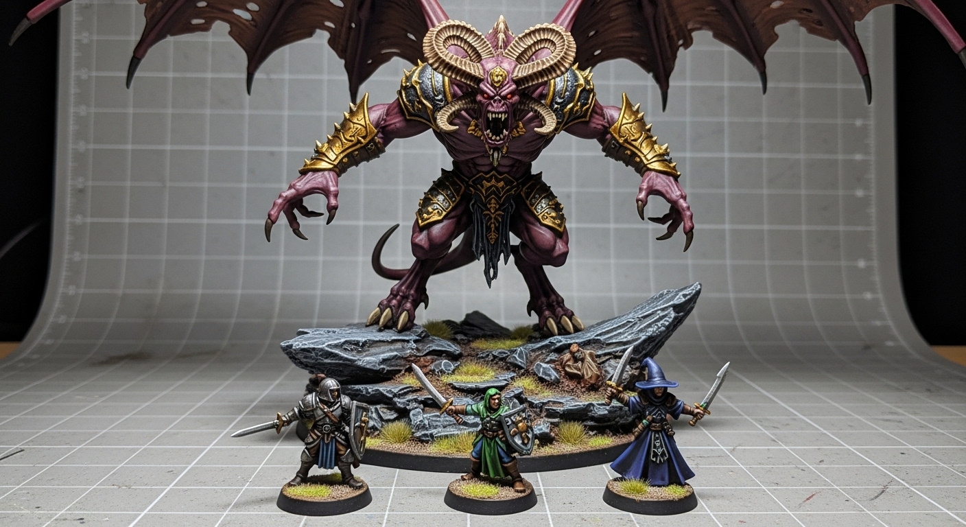 75mm demon boss miniature towering over 32mm adventurers on dungeon diorama — boss encounter guide