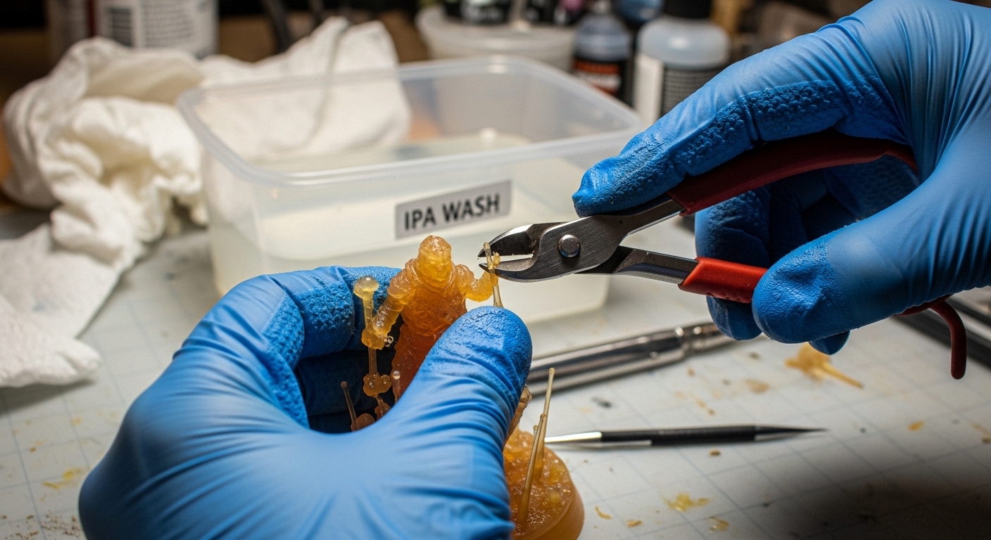 Removing supports from freshly printed resin demon miniature — complete 3D printing guide