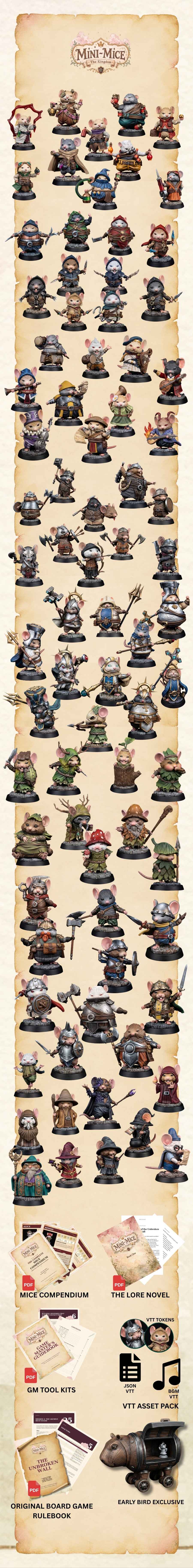 Mini-Mice: The Kingdom — all 80 mouse miniatures plus the Mice Compendium, Lore Novel, GM Tool Kits, VTT Asset Pack (JSON + BGM) and the Original Board Game Rulebook.