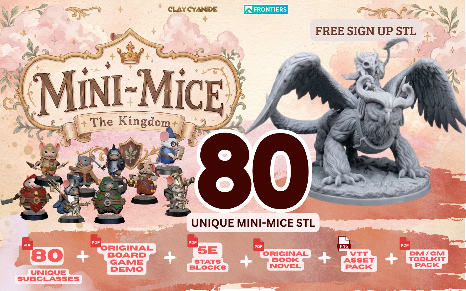 Mini-Mice: The Kingdom — 80 unique mouse STL miniatures, original board game demo, 5e stat blocks, novel, VTT asset pack and DM/GM toolkit. Free sign-up STL.