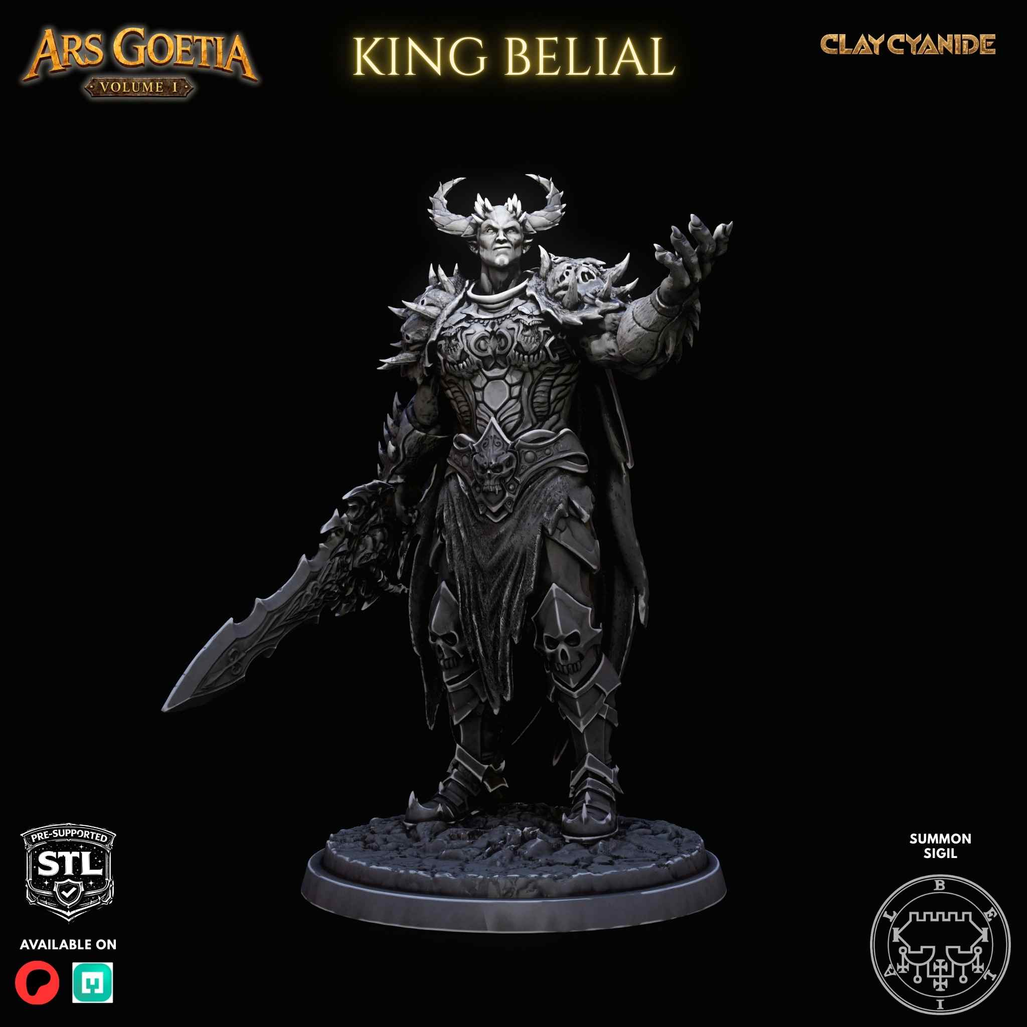 Belial demon king STL miniature rear view — Clay Cyanide
